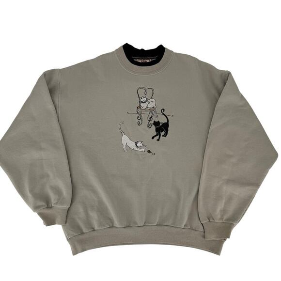 Vintage 90’s Crew Neck Sweatshirt Embroidered Cats Beige Tan Large - Picture 2 of 5